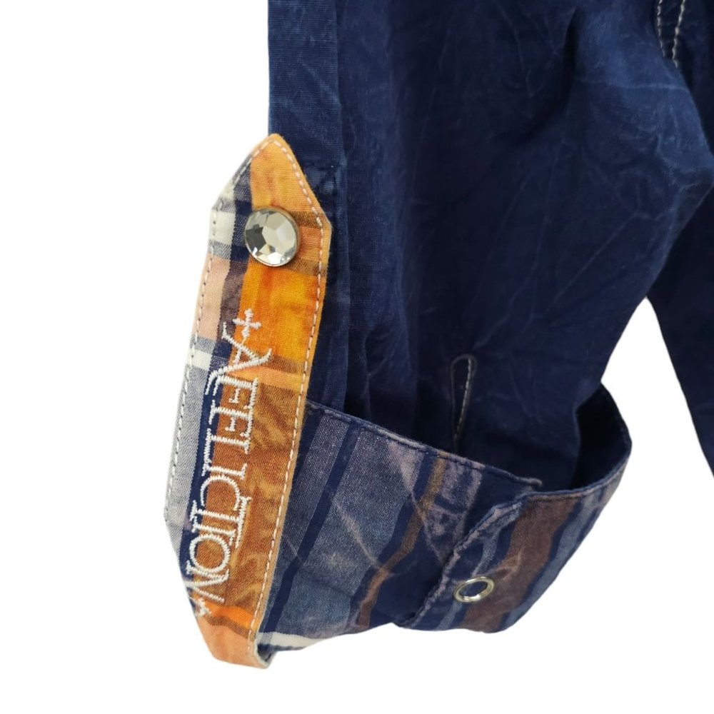 Affliction Snap Front Shirt Womens S Roll Tab 3/4 Sleeve Blue Cross Rhinestones - Picture 15 of 16